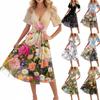 Women's Casual Fashion Flared Skirt V-neck Short-sleeved Floral Print Dress