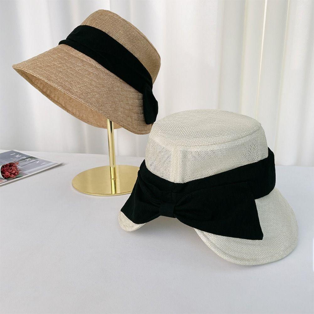 Solid Color Summer Sun Hat Bowknot Bucket Hat Portable Sunscreen Visor Cap Travel