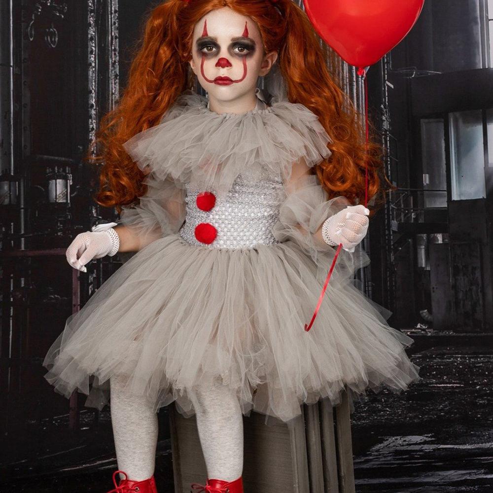 Halloween Gray Joker Girls Costume Tutu Dress Creepy Clown Kids Carnival Party Cosplay Clothing Children Tulle Fancy Dress Christmas