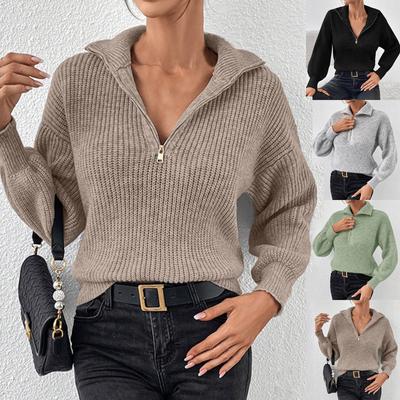 Пуловер на молнии, модный однотонный свободный повседневный свитер с длинным рукавом и воротником-молнией для женщин