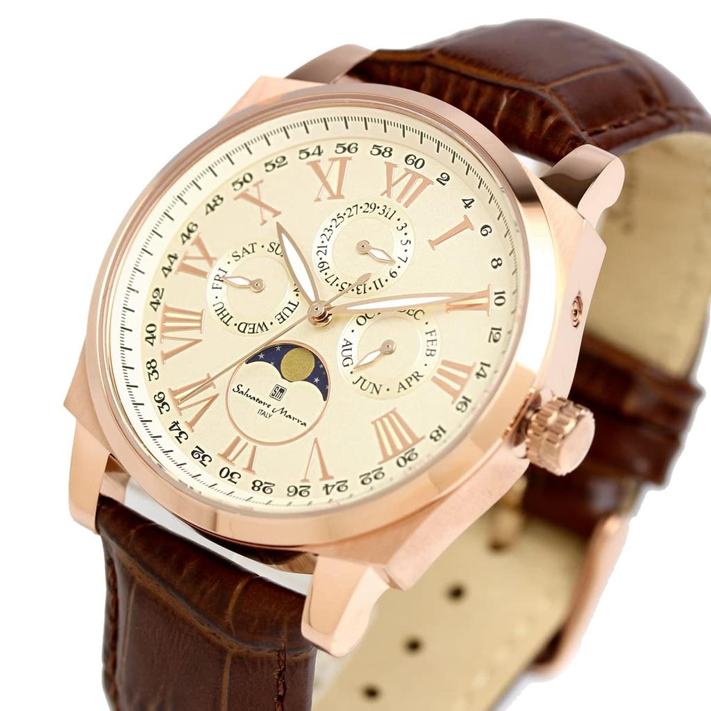 Часы Moon Phase Multi Calendar 5 ATM Водонепроницаемые деловые формальные кожаные часы с ремешком ограниченной модели белого розового золота [Salvatore Mara] мужские SM22105S-PGWH