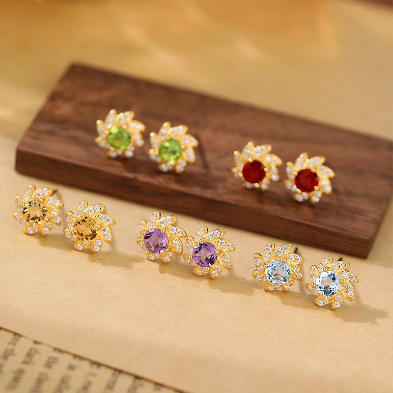 Natural stone small fresh sunflower earrings s925 sterling silver gold-plated stud earrings women's exquisite design sense fashion retro jewelry gifts