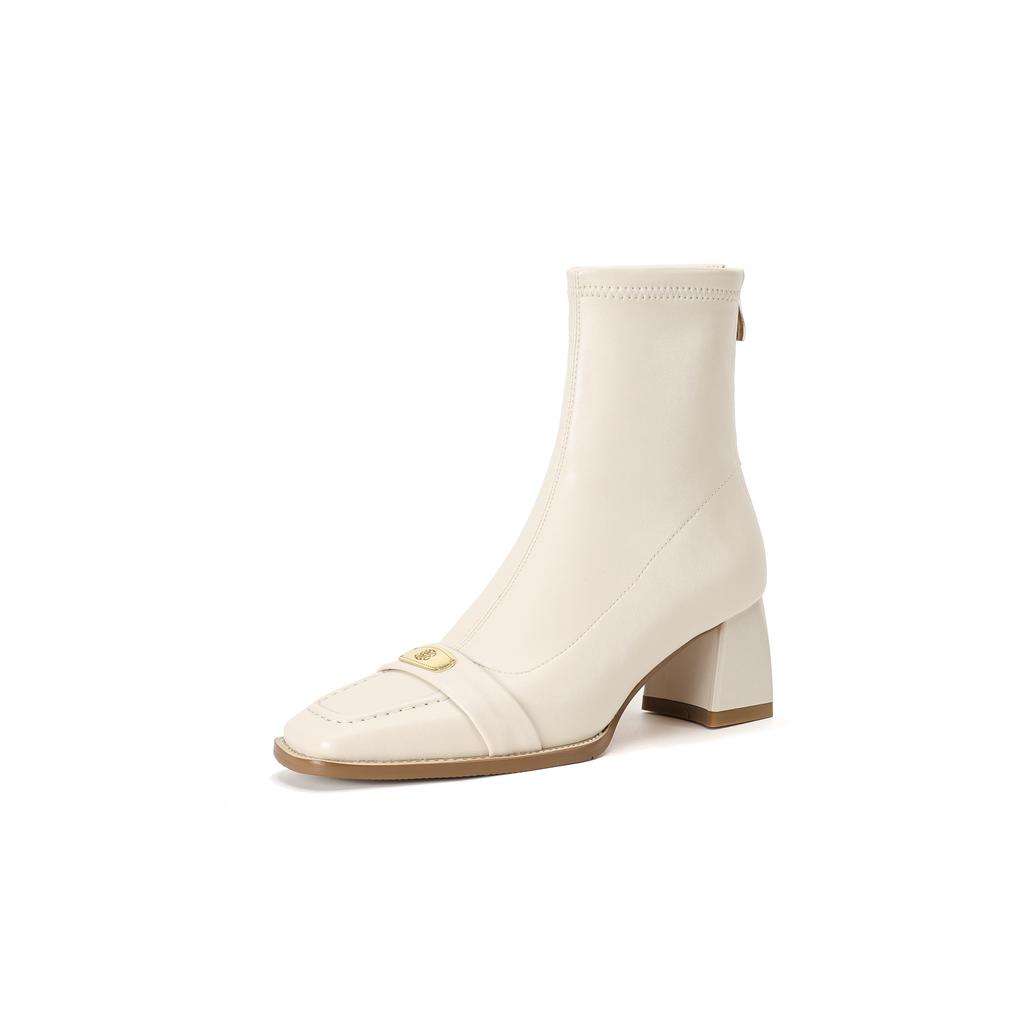 Krazing Pot Зимние короткие ботинки из микрофибры с квадратным носком и толстым каблуком, современные женские эластичные ботильоны с металлической застежкой, размер 42