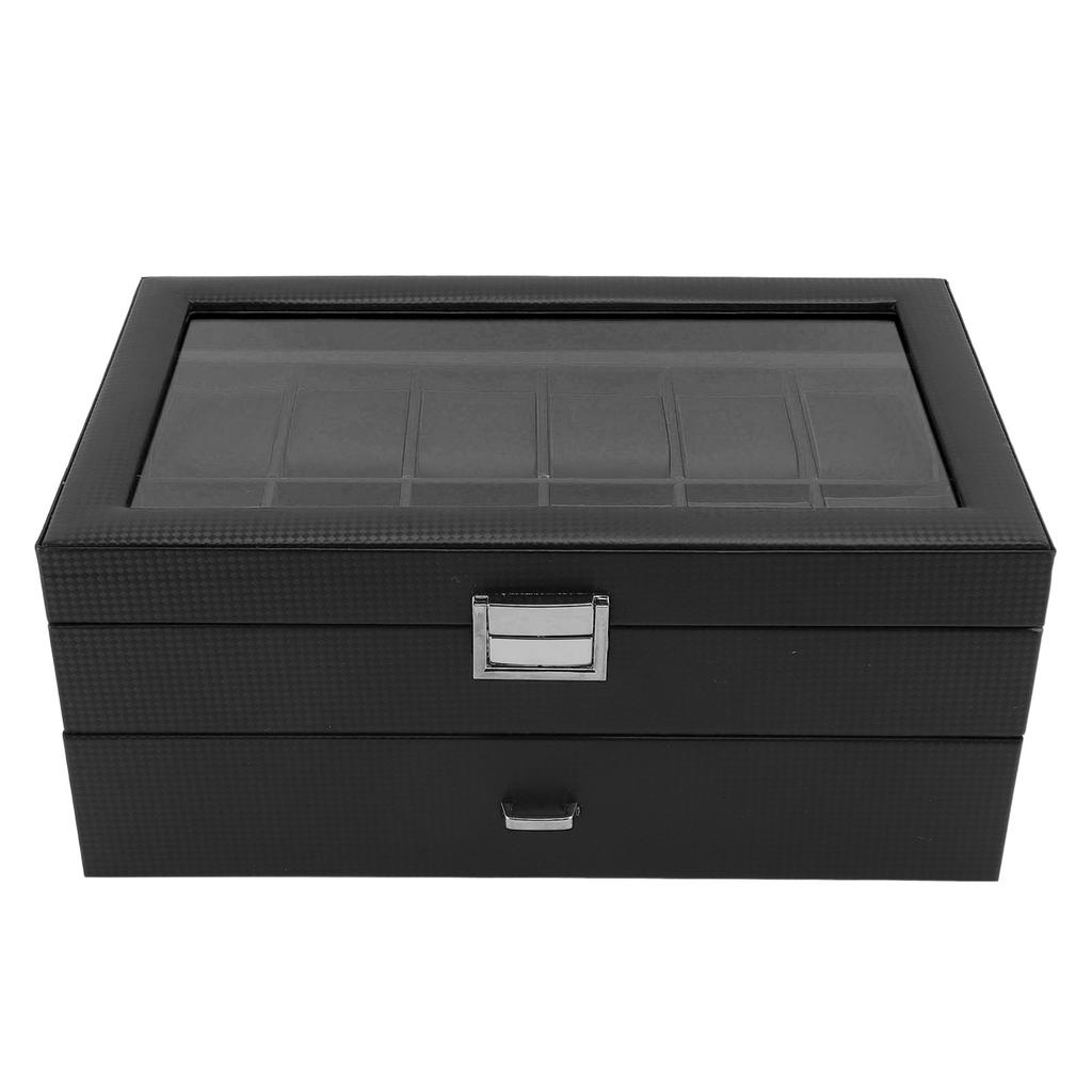 24 Slots Watch Display Box Carbon Fiber Watch Case with Drawer Design Waterproof PU Leather Interior Watch Organizer