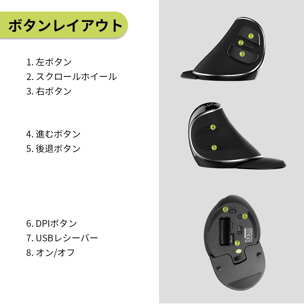 DELUX Wireless Ergonomic Mouse Quiet Vertical Removable Wrist 6 Carpal Hand for Plus 2.4G Mouse, Rest, 800/1000/1600DPI, Buttons, Tunnel, Wrist,