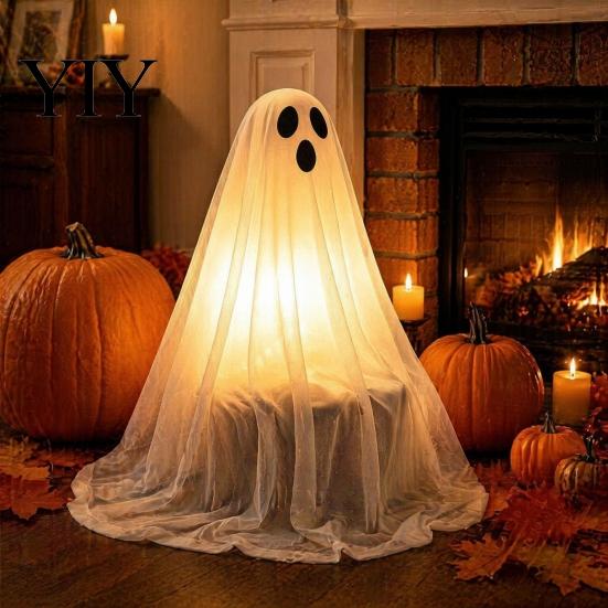 Spooky Cute Home Accents Halloween Ghost Night Light, Fabric Glowing Figurine Lighted Hanging Prop for Home, LED Tabletop Ornament, Festive Decoration
