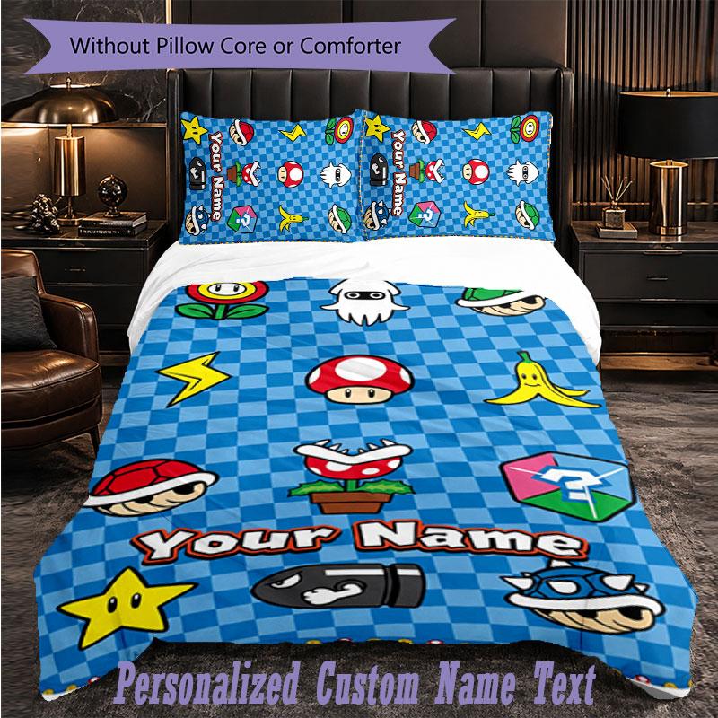 Personalized 3Pcs Bedding SetSuper Mario Custom Text Duvet Cover Pillowcase Set Bedroom Gift