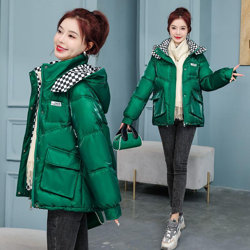 Women's Shiny Korean-style Short Cotton Coat, Winter Loose Thickened Hooded Down Cotton Jacket