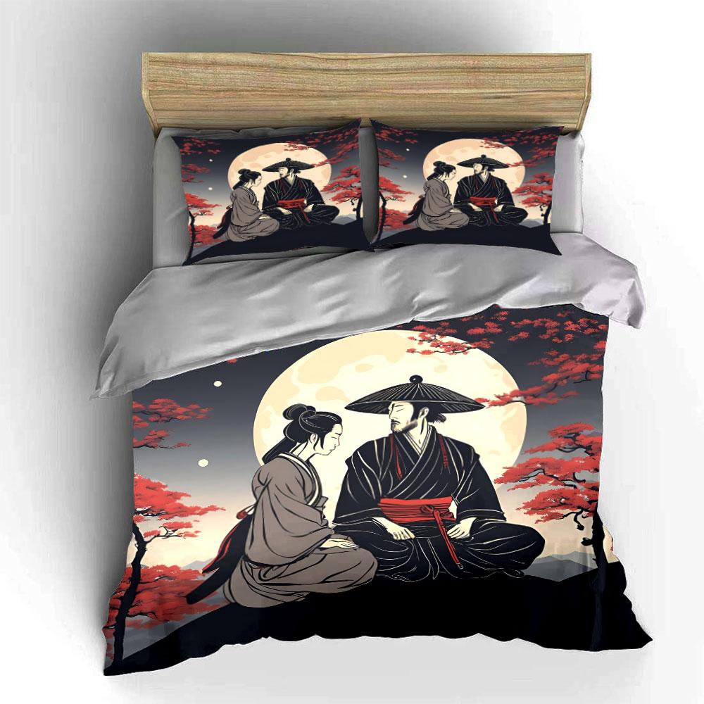 "Japanese Samurai Art Decor Set" Bedding Set with 1 Duvet Cover 2 Pillowcases Single Double King Queen, Gift