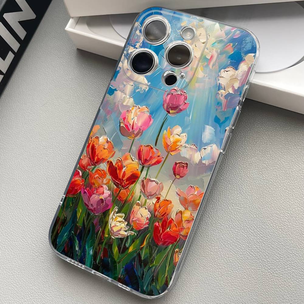 Масляная живопись цветов Прозрачный чехол для телефона для iPhone 17 16 15 11 12 13 14 Pro Max Mini Мягкий ТПУ Силикон Плюс