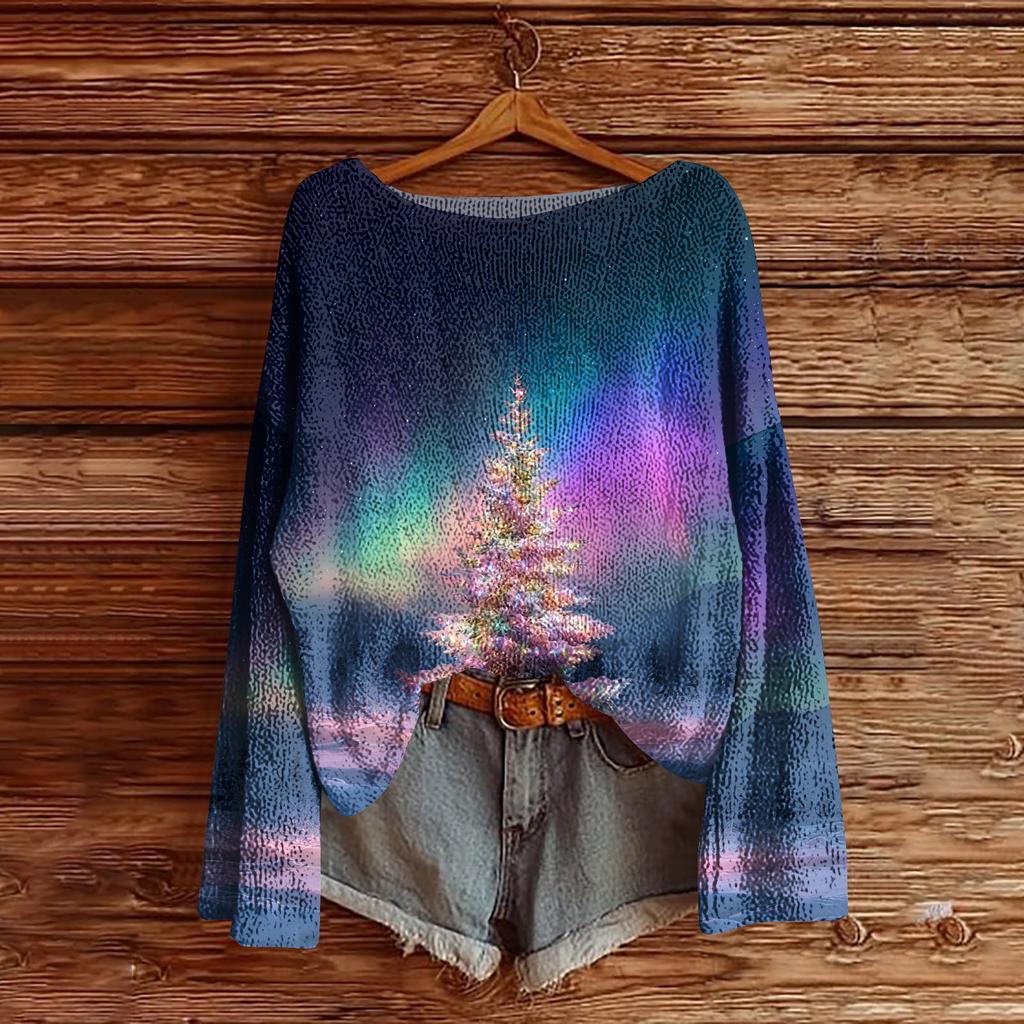 Women's Christmas Print Lightweight Sweater Casual Long Sleeve Knitted Pullover