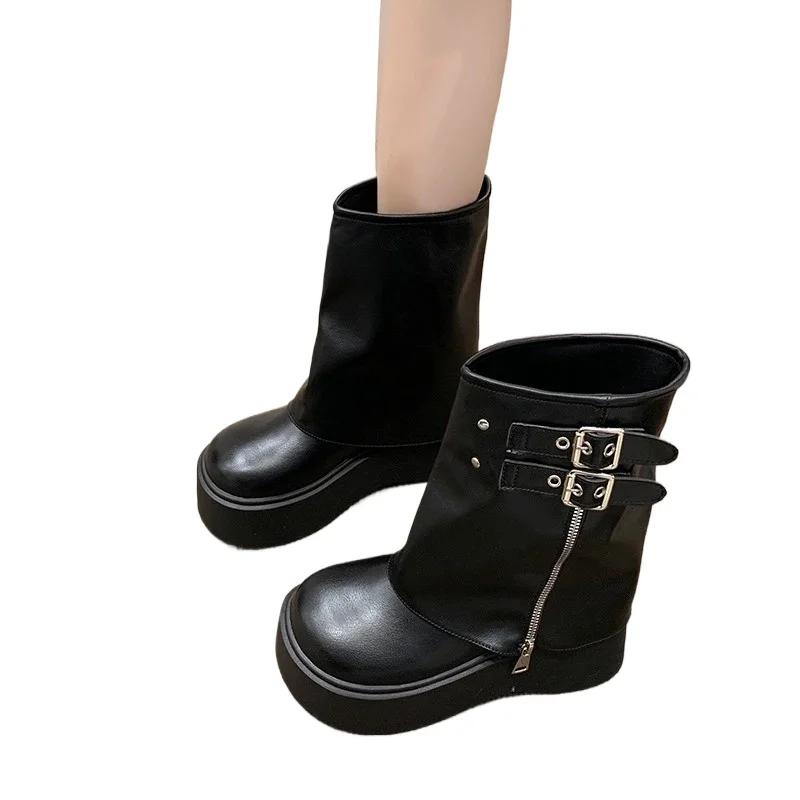 Модные женские туфли 2024 года, женские сапоги с пряжкой на ремне, модные современные сапоги с круглым носком, женские сапоги, горячая распродажа, сапоги до колена с толстой подошвой