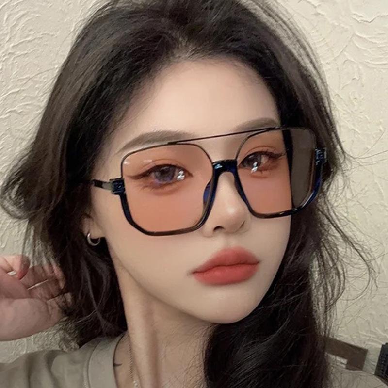 Korean Stylish Designer Sunglasses Woman Double Bridge Semi-rimless Women's Glasses Driving Travelling Men Sunglasses