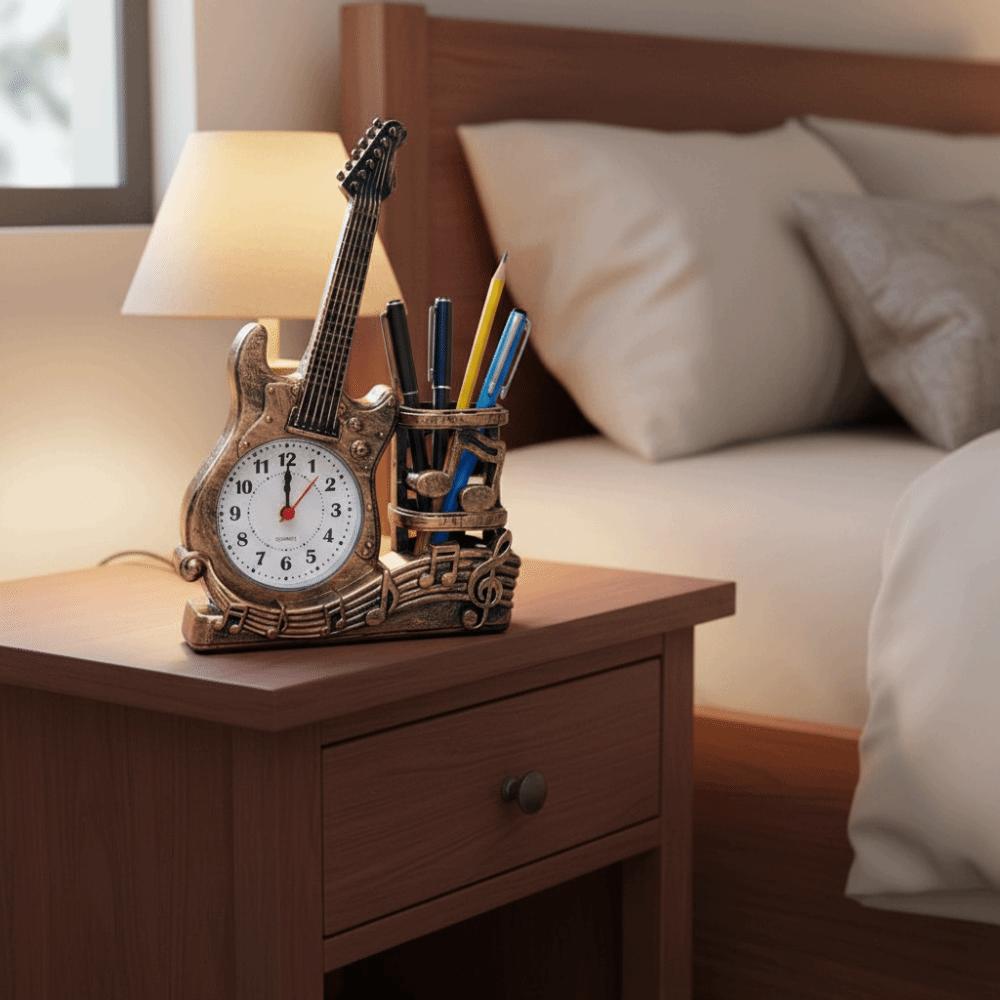 Stylish Violin Guitar Alarm Clock Creative Design Built-in Pen Organizer Study Living