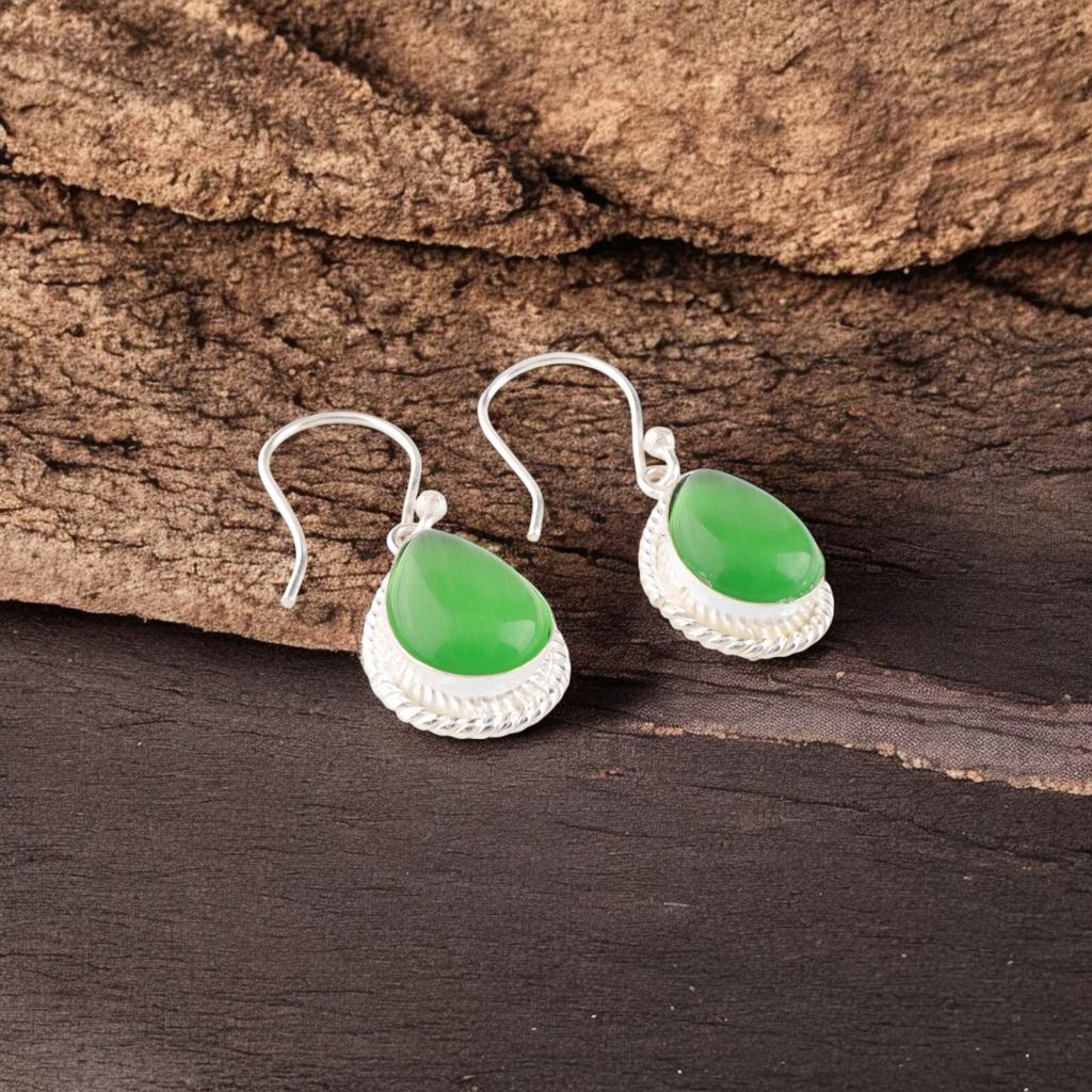 Green Cat's Eye Gemstone 925 Sterling Silver Jewelry Light Weight Earrings 1.40" EE-9-43