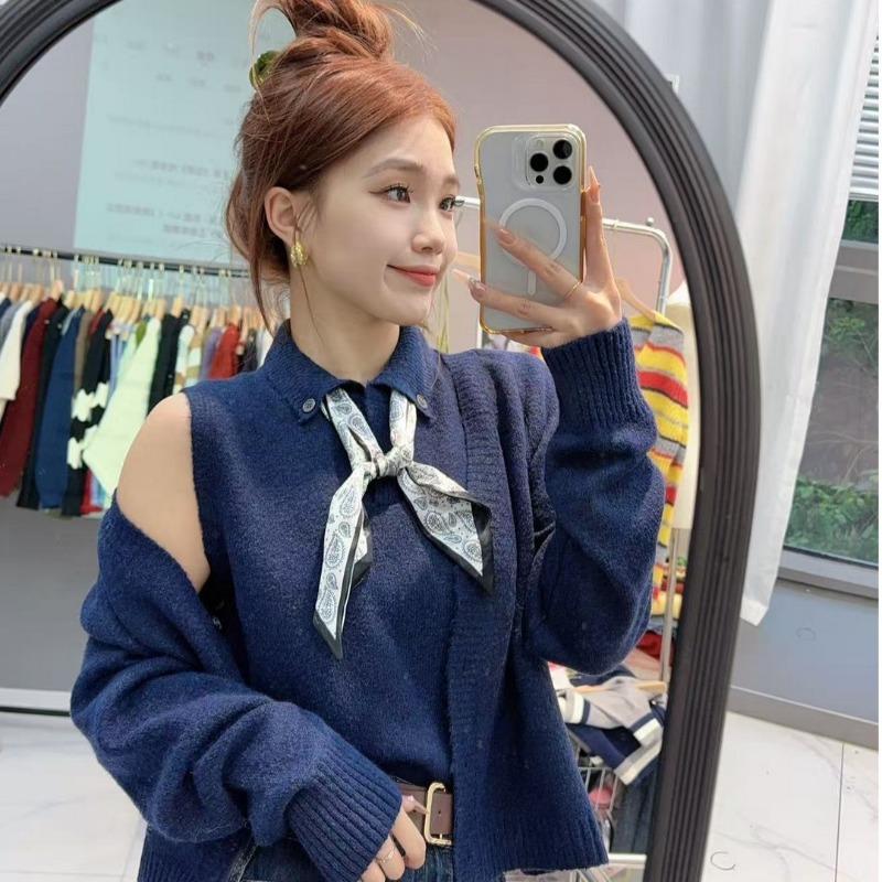 Shi Jian Academy Style Lapel Two-piece Knitted Cardigan Sweater Women's Autumn New Versatile Premium Women's Top