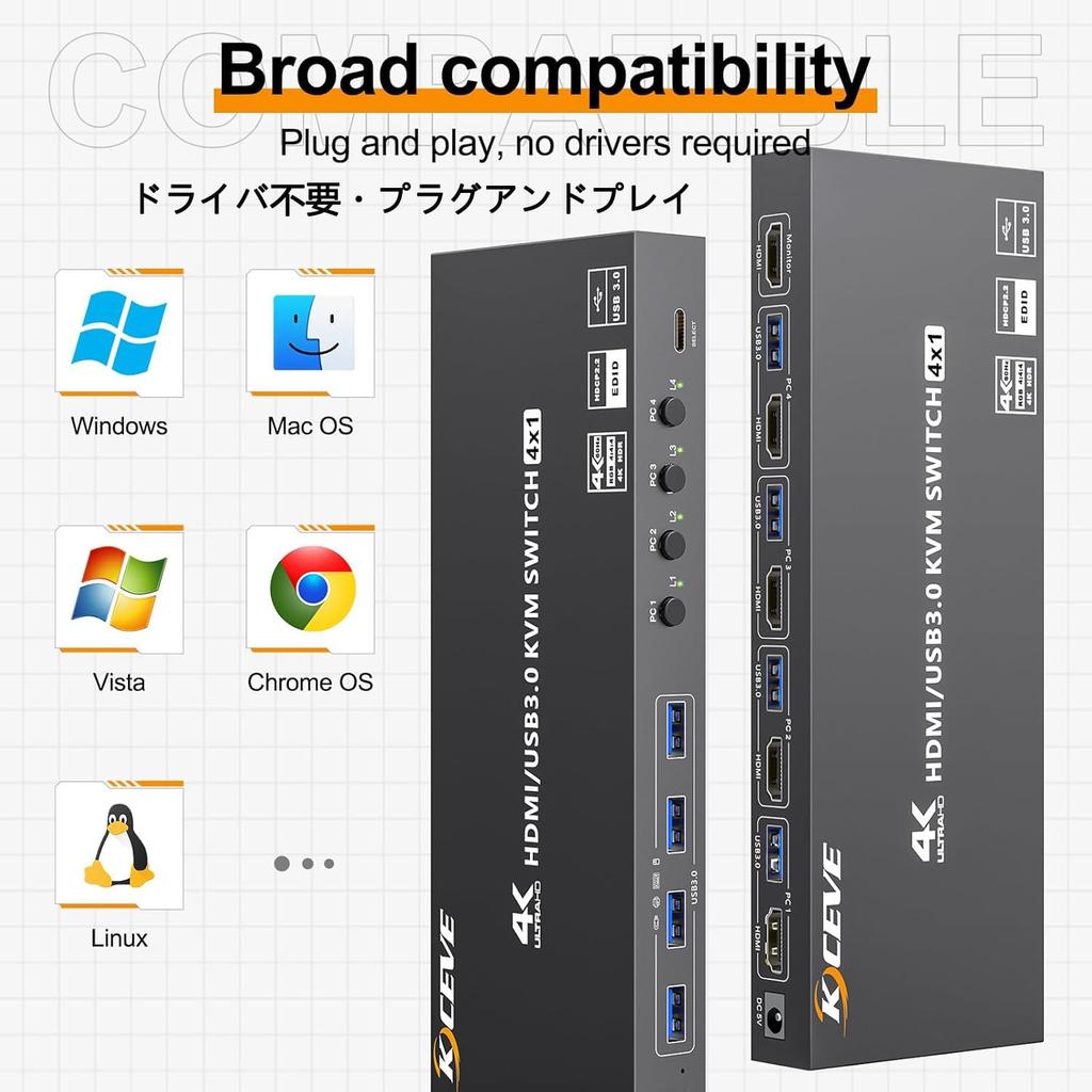 KCEVE HDMI USB3.0 KVM-переключатель, 4 входа, 1 выход, поддержка 4K@60Hz, эмуляция EDID, 4 порта USB 3.0, переключает между 4 ПК и 1 монитором, клавиатура и
