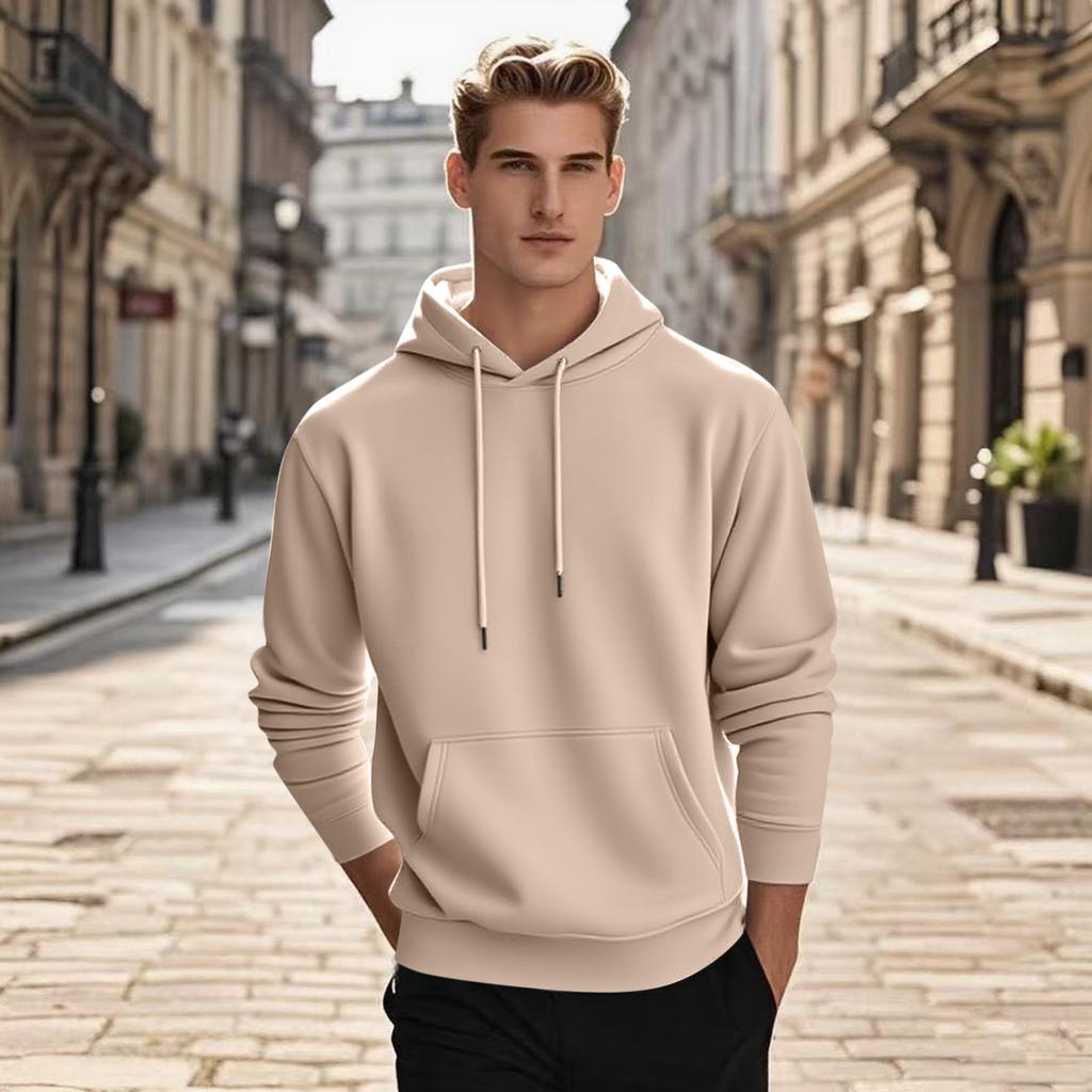 Men's Pullover Hooded Sweatshirt Solid Color Round Neck Loose Hoodie Long Sleeve Top