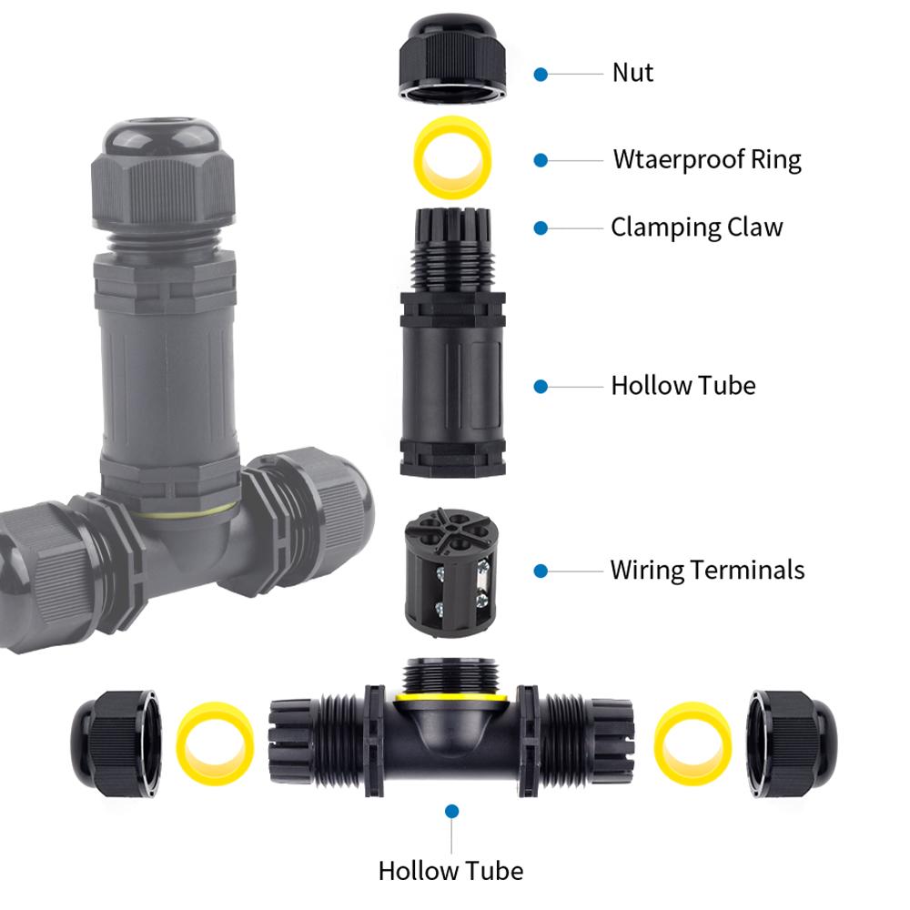 IP68 M25 3 Way T Shape Outdoor Junction Box 2/3/4/5 Pin Screw Splicing Terminal for Led Light Gardon Waterproof Wire Connector