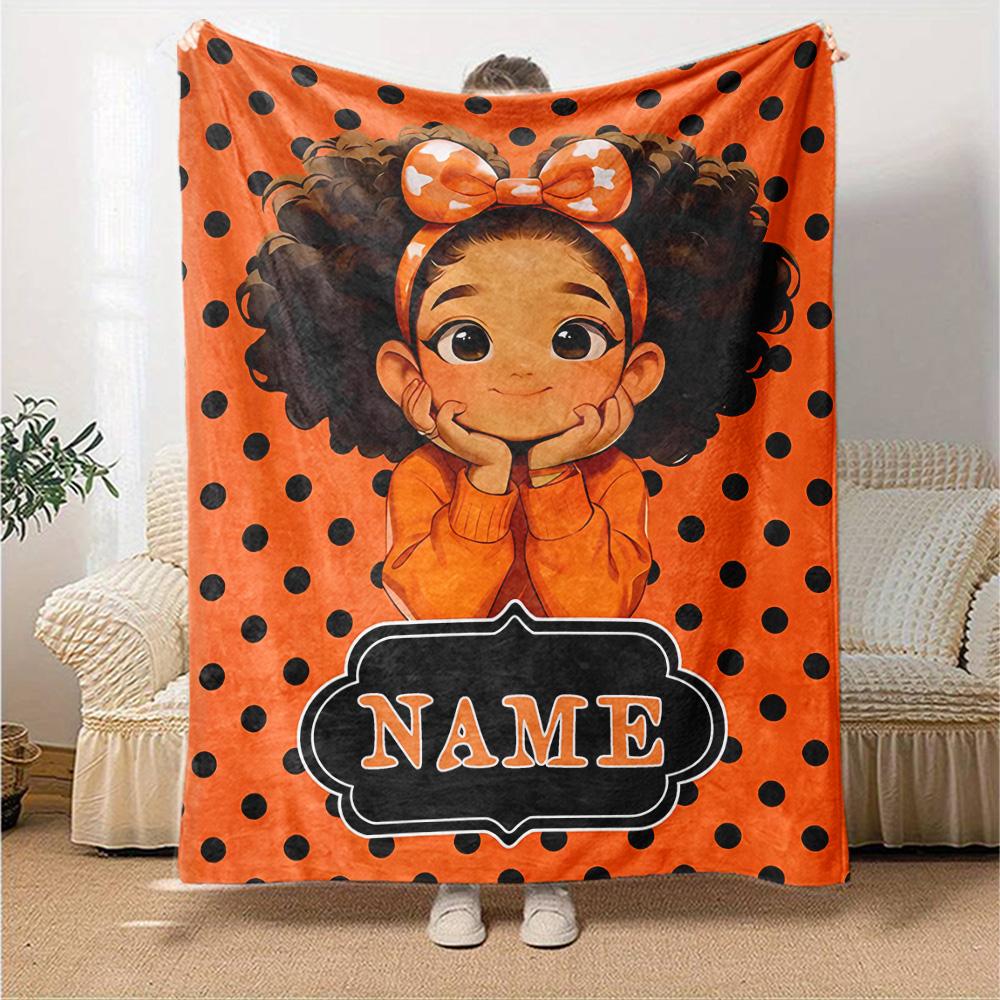 Happy Girl Bow Multi-purpose Customizable Blanket Personalized Text Durable Comfort Versatile for Sofa Couch Office Bed Picnics