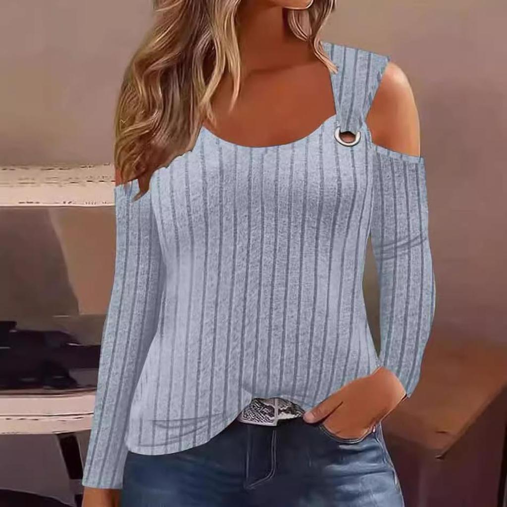 Женская модная повседневная однотонная футболка с V-образным вырезом и металлическими пуговицами в полоску с длинным рукавом