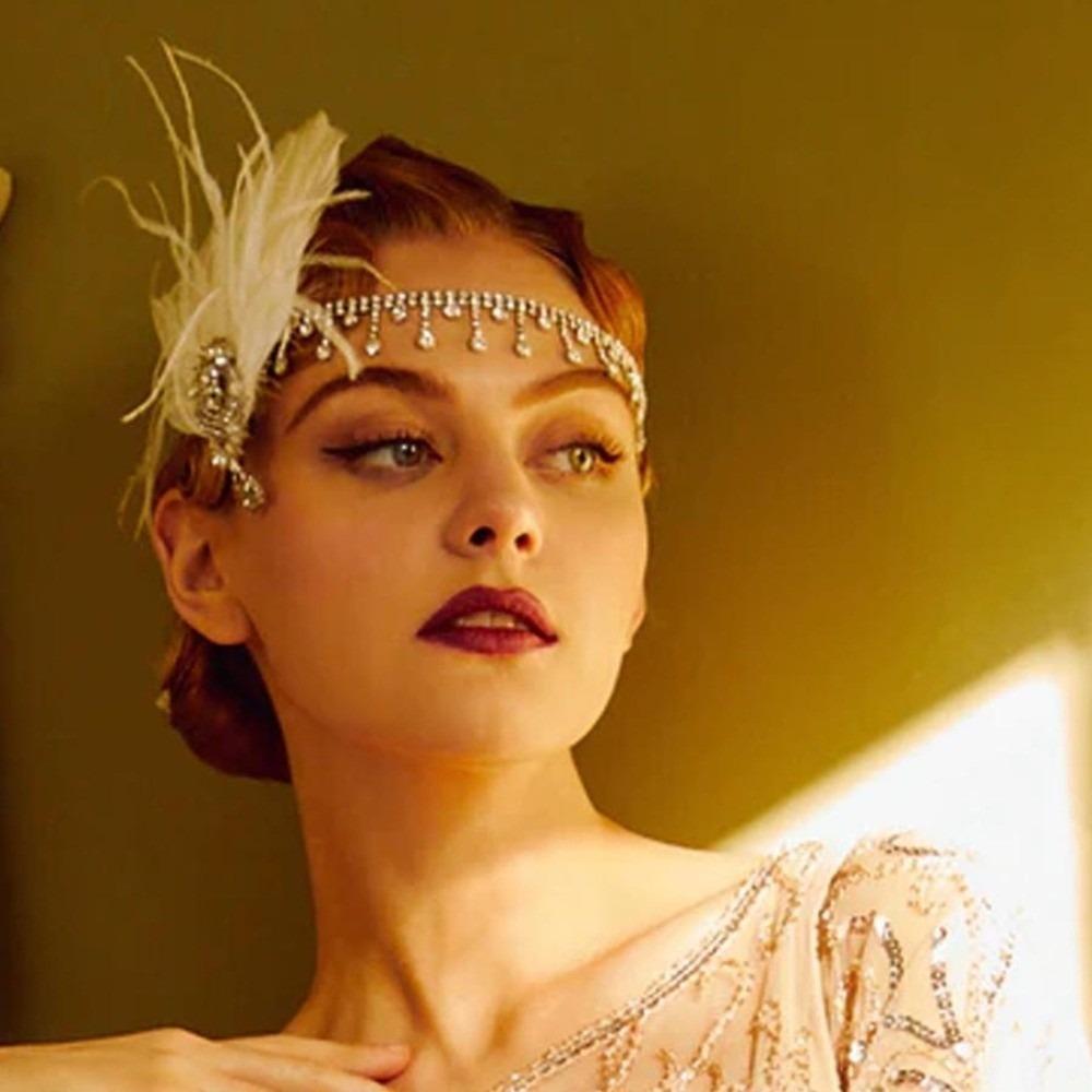 Exquisite Vintage Feather Headband Sequin Crystal Masquerade Hair Band Rhinestone Tassel 1920s Hair Accessories Women