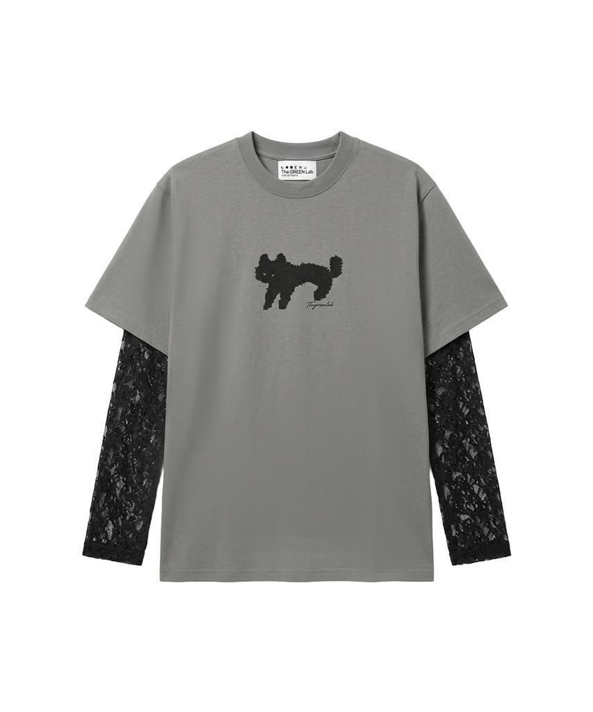 THE GREEN LAB Lace Sleeve Layered Cat T-Shirt [Charcoal Gray]