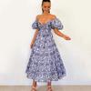 Women Evening Dress Bubble Sleeves Low-cut Off Shoulder Colorful Print A-line Big Hem Patchwork Hollow Out Pleated