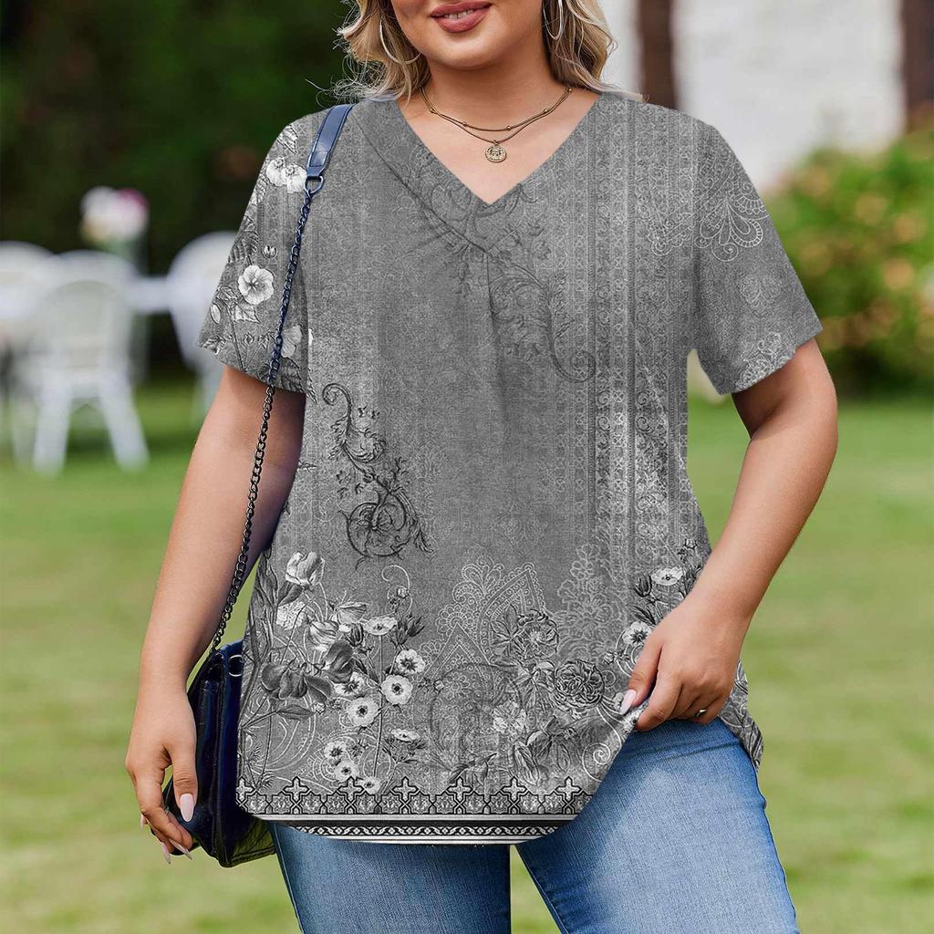 Женская модная повседневная свободная блузка большого размера с коротким рукавом, элегантная с V-образным вырезом, для работы