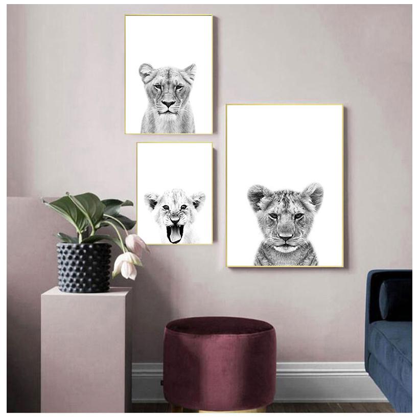 Lion Cub Print Black and White Lioness Animals Posters Safari Nursery Wall Decor Baby Animal Kids Wall Art Canvas Painting