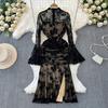 French Sexy Velvet Printed Slim Mesh Dress For Women Summer Elegant Flare Sleeves Mesh Mermaid Banquet Long Dresses