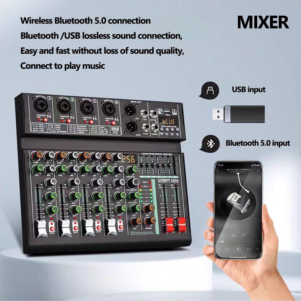 256DSP Outdoor USB Sound Card Home KTV Bluetooth 4/6 Channel Mixer Professional Mixer Audio System 16 Digital Reverberation