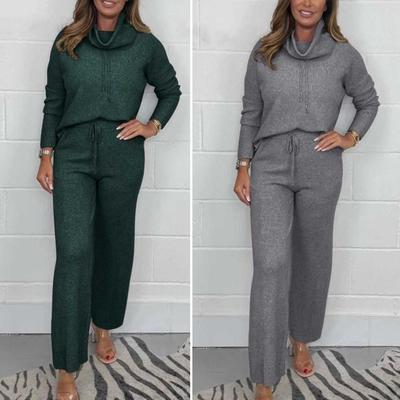 2 шт./комплект женский топ брюки костюм высокий воротник длинный рукав однотонный спортивный свитшот завязывающийся на шнурок эластичный пояс широкие брюки фитнес