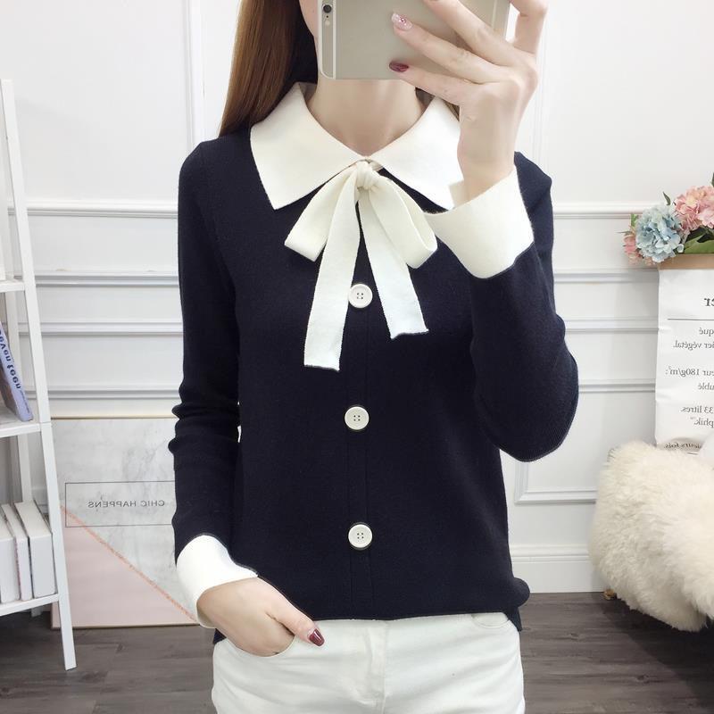 Осенне-зимний вязаный свитер, женская рубашка с тонким кукольным воротником, топы с длинными рукавами, женский свободный свитер