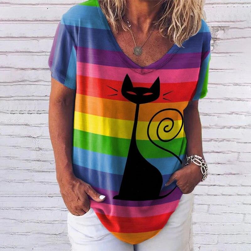 Лето 2022, женская футболка с коротким рукавом и v-образным вырезом, топы с кошачьим принтом, повседневная уличная одежда, свободная женская футболка, размер, готический топ 5XL