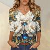 Женские топы, рубашка с рукавом три четверти, свободная повседневная рубашка с V-образным вырезом, футболка с цветочным принтом