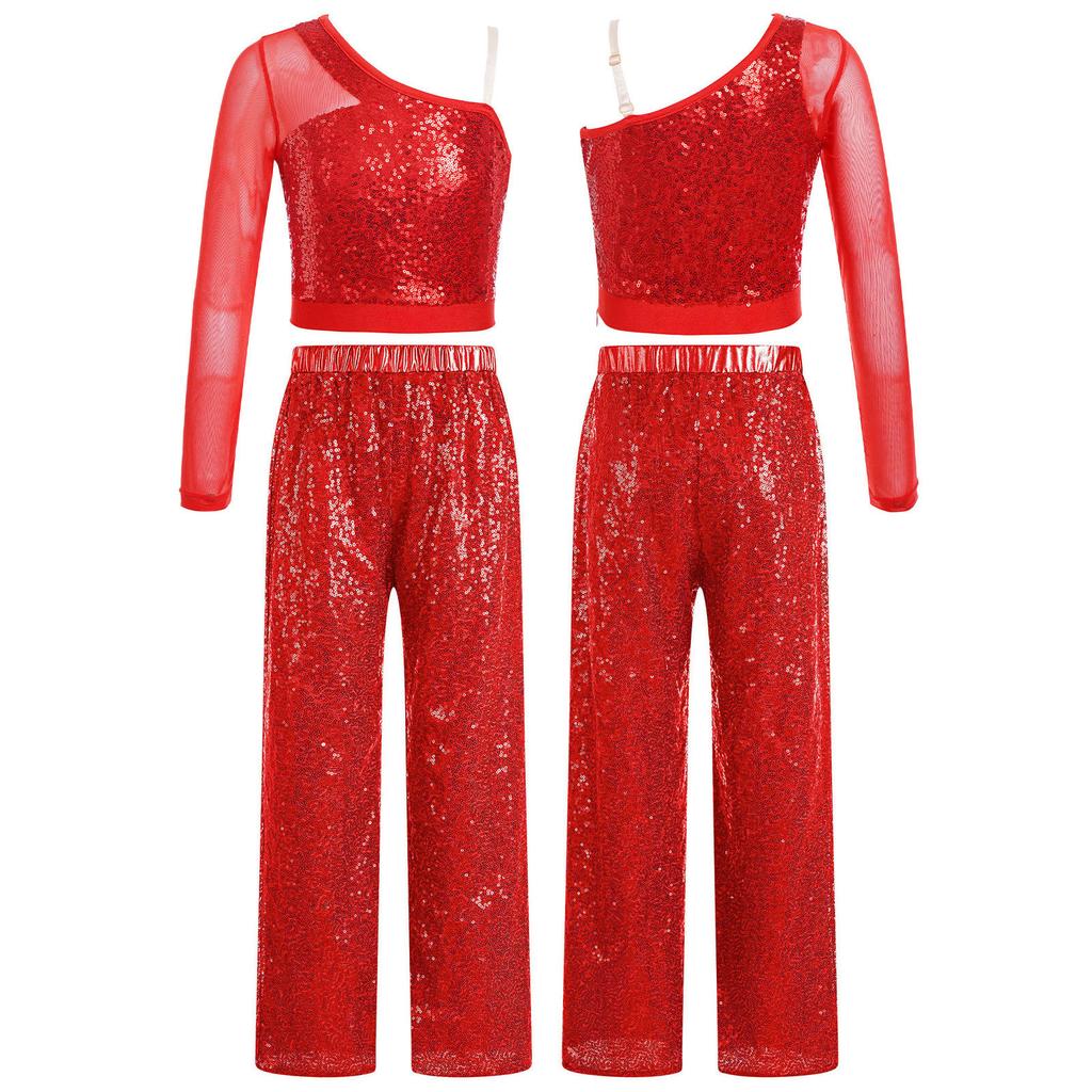 Girls Sparkly Dance Outfit Sheer Mesh Long Sleeve One Shoulder Crop Top