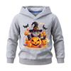 Halloween cartoon kids hooded sweatshirt, charming witch with pumpkins and bats illustration, soft texture, ideal for Halloween gifts and daily wear.