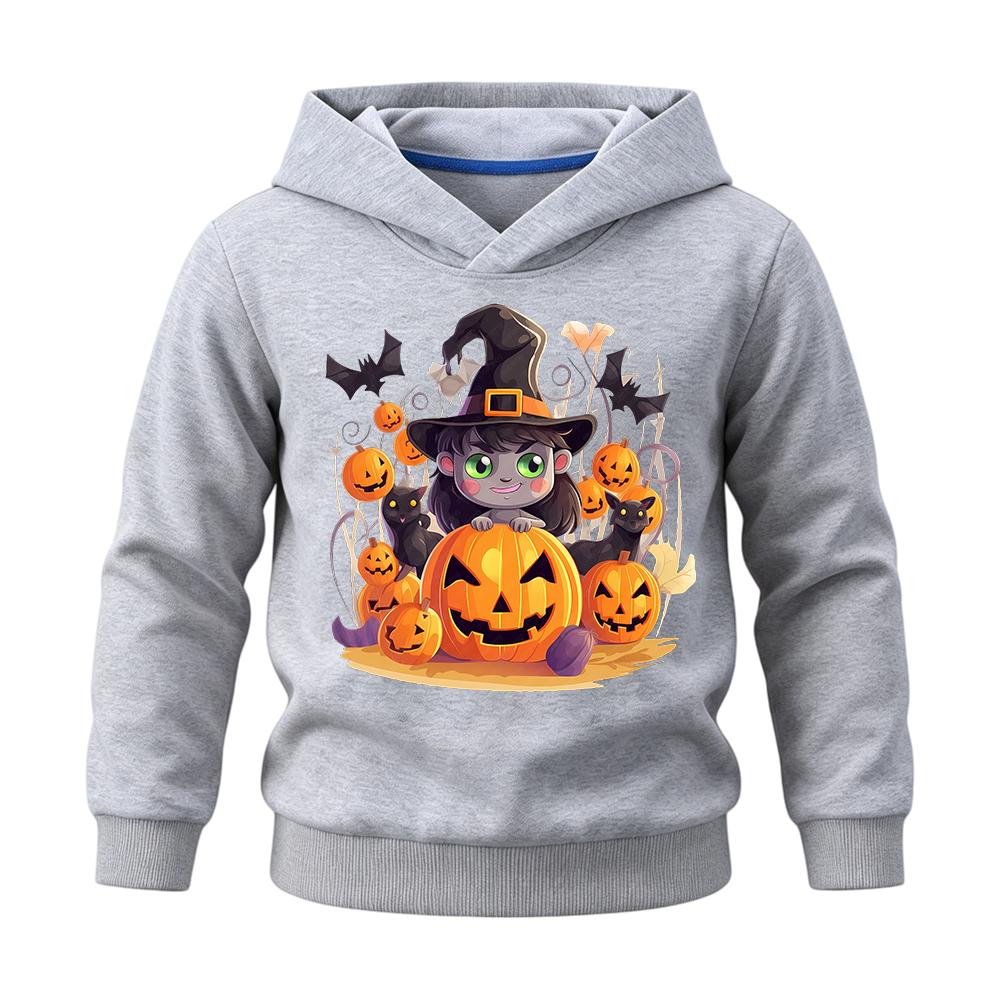 Halloween cartoon kids hooded sweatshirt, charming witch with pumpkins and bats illustration, soft texture, ideal for Halloween gifts and daily wear.