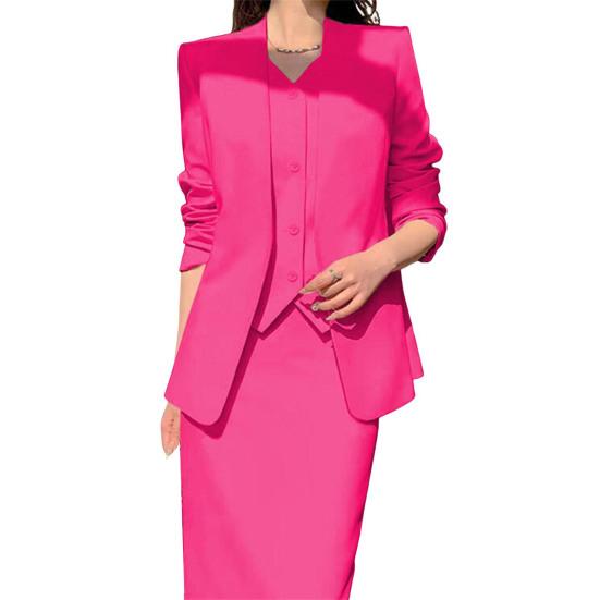 2 Pcs/Set Women Suit Coat Skirt Set Formal Business Style Long Sleeves Open Sticth Coat High Waist Slim Fit A-line Midi Skirt Outfit