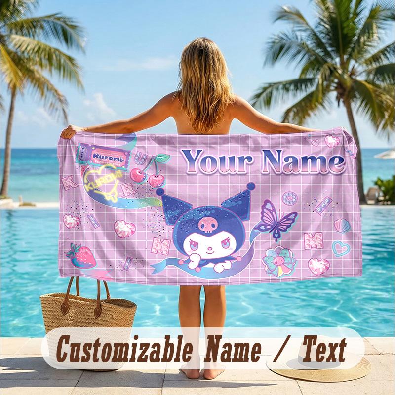Custom Text Beach Towel, Soft Absorbent Swimming Multi-use TowelKuromi