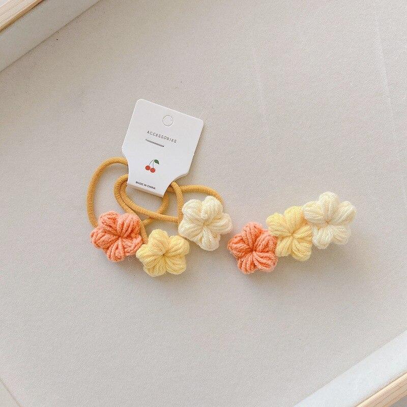 Cute Floral Hair Pin Elastic Hair Bands Handmade Woolen Knitting Hair Clips Barrettes for Children Girls Kids Hair Accessories