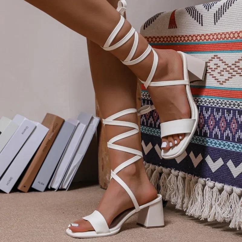 Fashion Women's Sandals 2024 New Quality Ankle Strap Outdoor Party Summer Sexy Sandals Fashion Open Toe Square Root Roman Women's Shoes