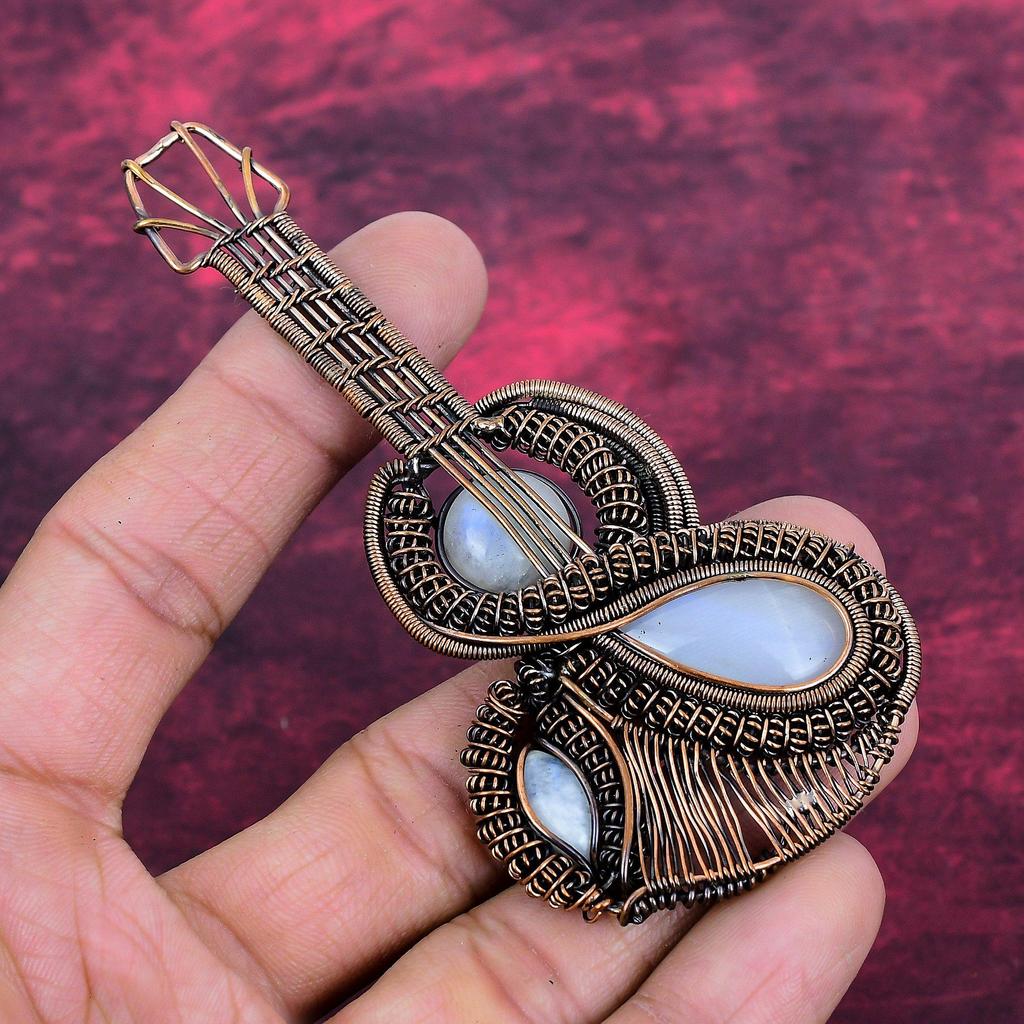 Rainbow Moonstone Pendant Gemstone Jewelry Copper Wire Wrapped Guitar Pendant