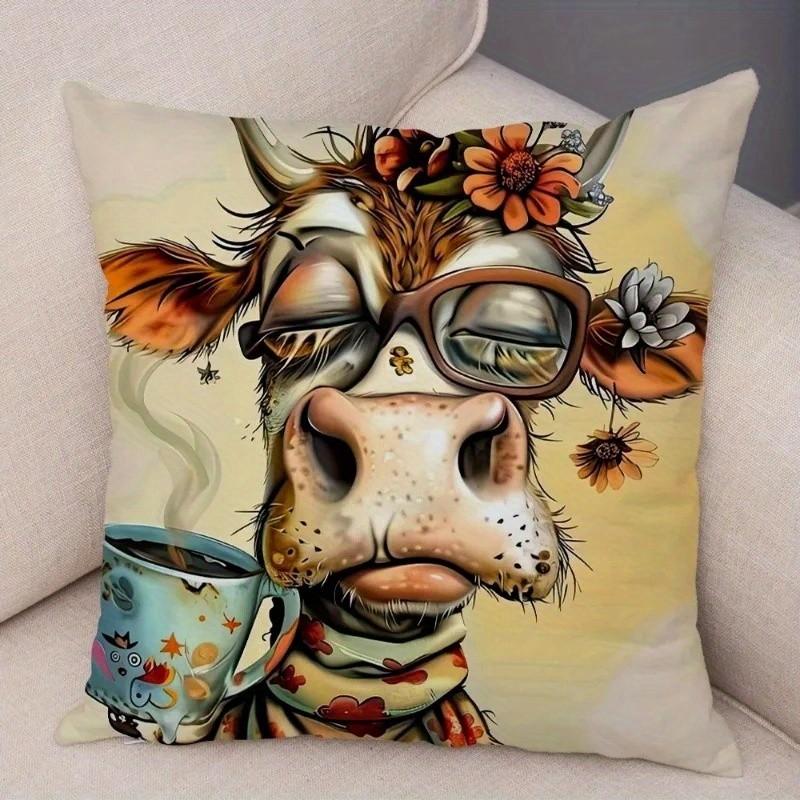 Cute Cartoon Cow With Coffee Mug Pillow Covers Pattern Cushion Cover Suitable For Sofa Bedroom Car Pillow Cover