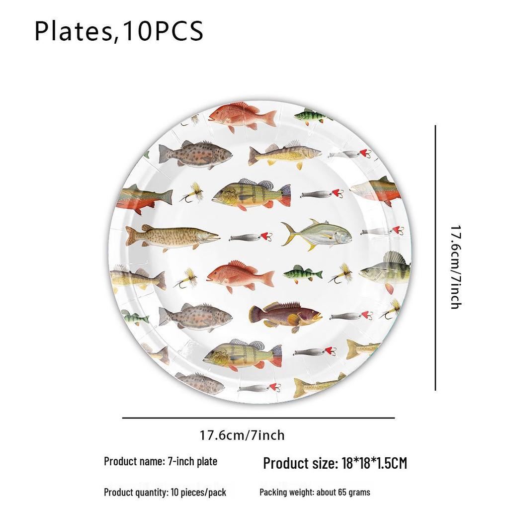 Принадлежности для тематической вечеринки «Рыбалка за границей»: Набор бумажных тарелок, флажков, салфеток и креативных украшений