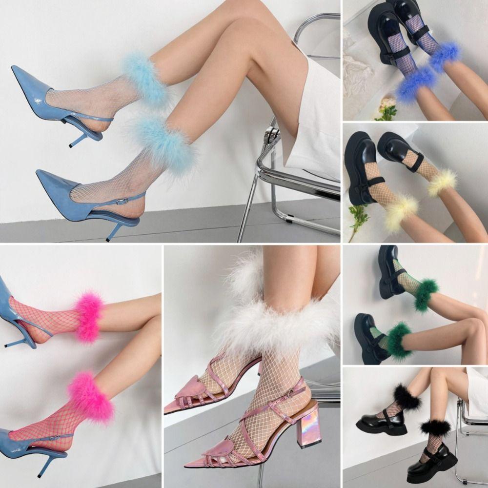 Mesh Feather Fishnet Stockings Bright Color Socks Women Y2K Unique Mid Tube Socks Female