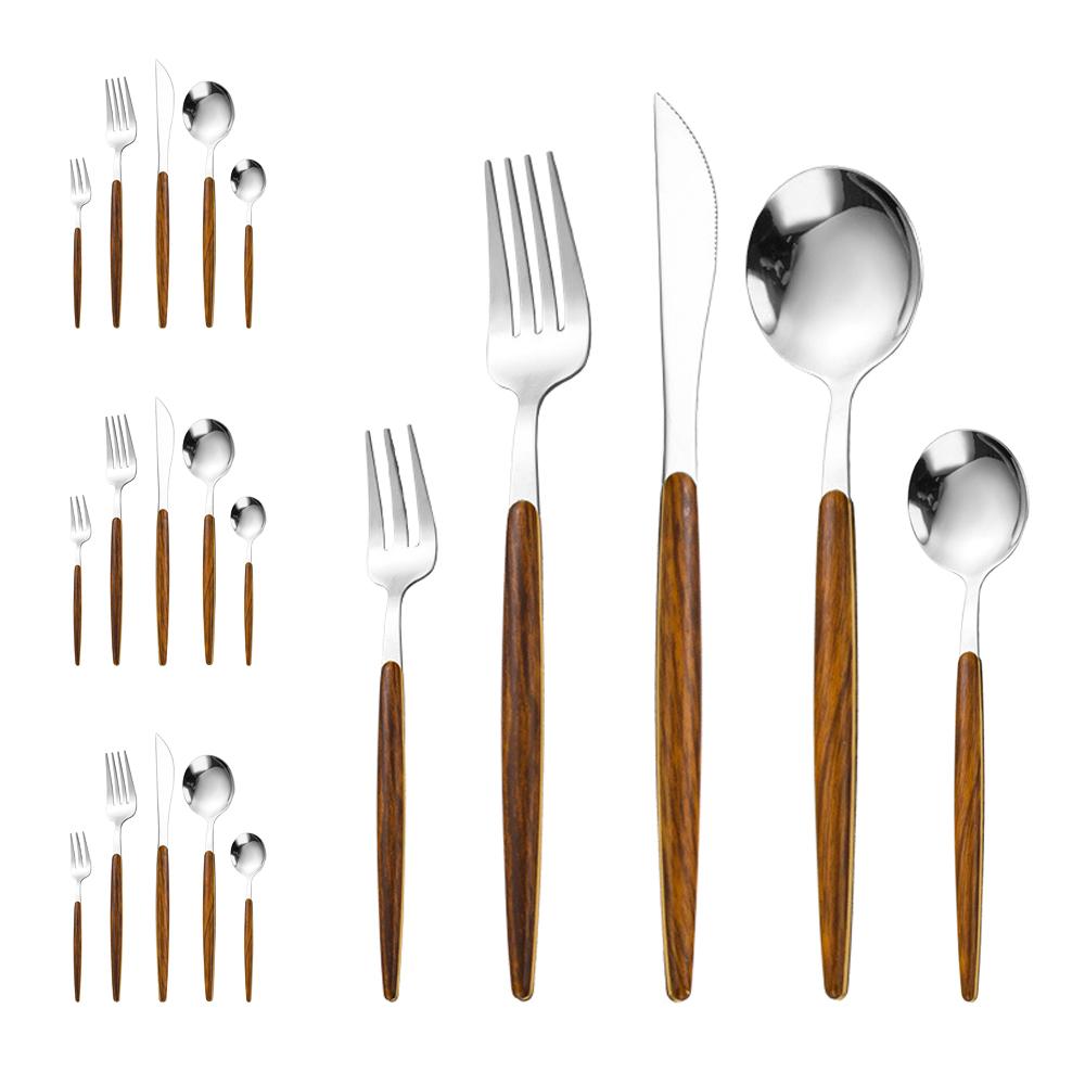 20-Piece Silverware Set with Cake Fork, Stainless Steel Flatware Cutlery Set for 4, Tableware Eating Utensils Set with Wooden effect Handle