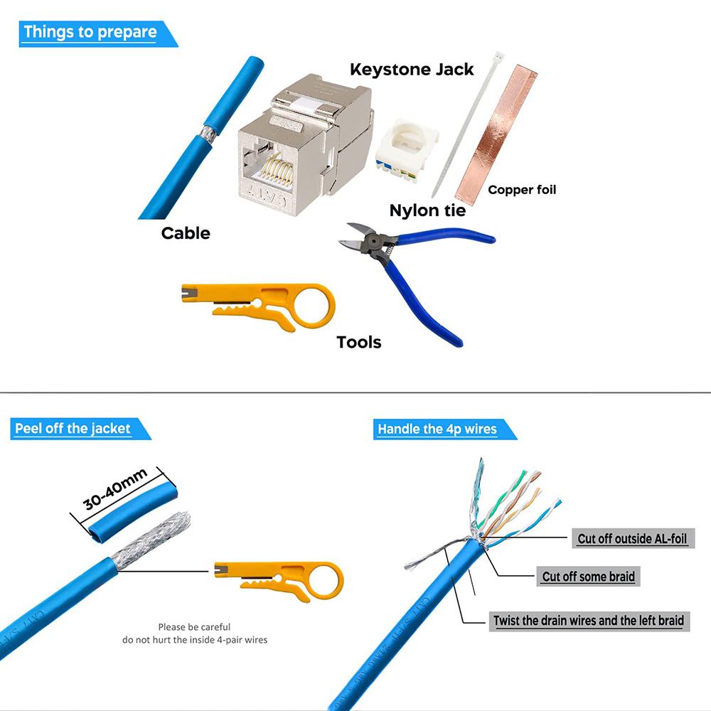 Cat6a Cat7 Cat8 Keystone Jack Cat7 RJ45 STP Безинструментальный тип Модульные гнезда-адаптеры-соединители из цинкового сплава для одножильного провода 22-26 AWG