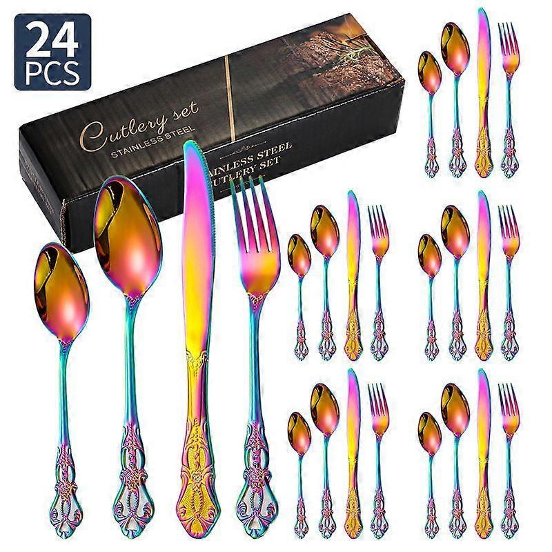 Royal Court 24-piece set ~ Colorful Royal Court stainless steel cutlery knife, fork and spoon 20/24/30 piece set retro embossed Western steak knife